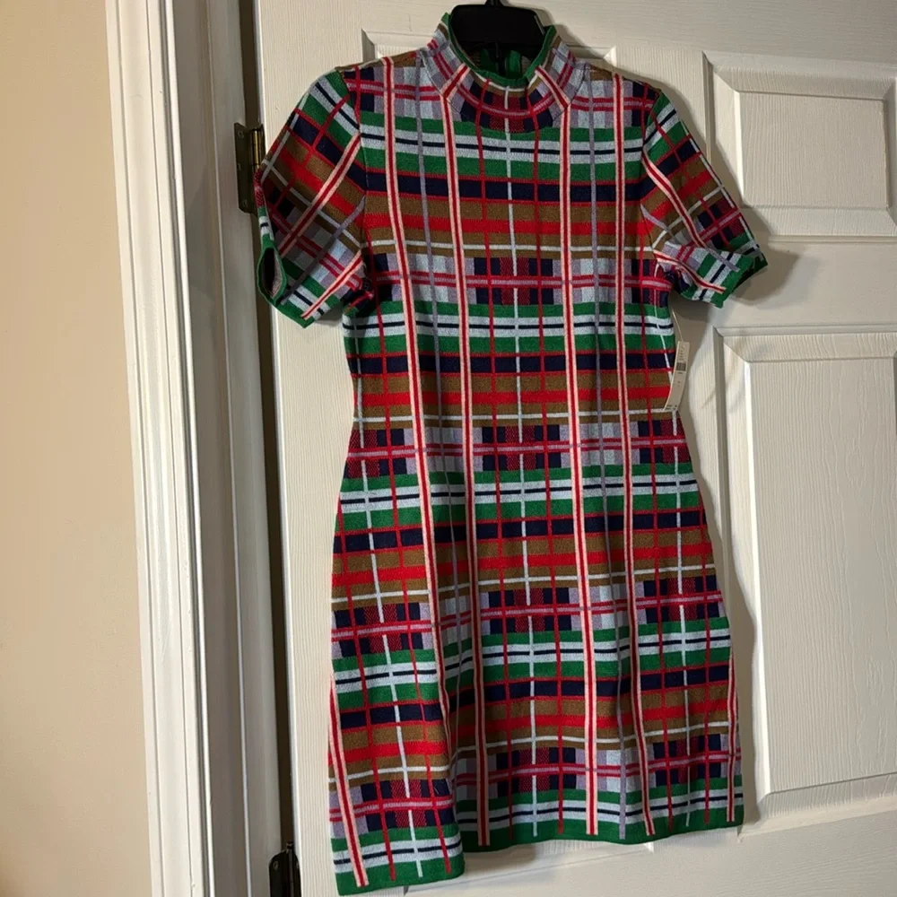NWT! Anthro Rainbow Plaid Nina Short-Sleeve Mock-Neck Mod Sweater Mini Dress 🎆